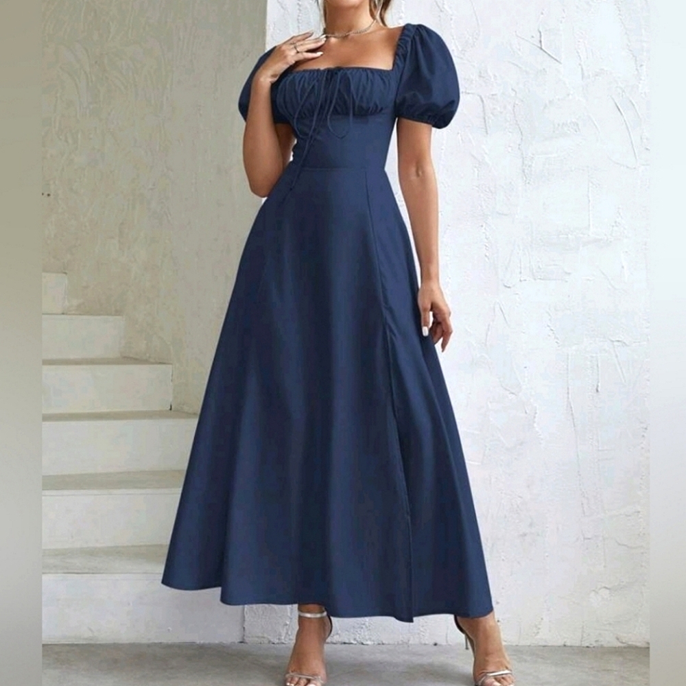 New Vintage Look Tie Ruched Top Split Maxi Dress Navy Blue - Picture 2 of 12